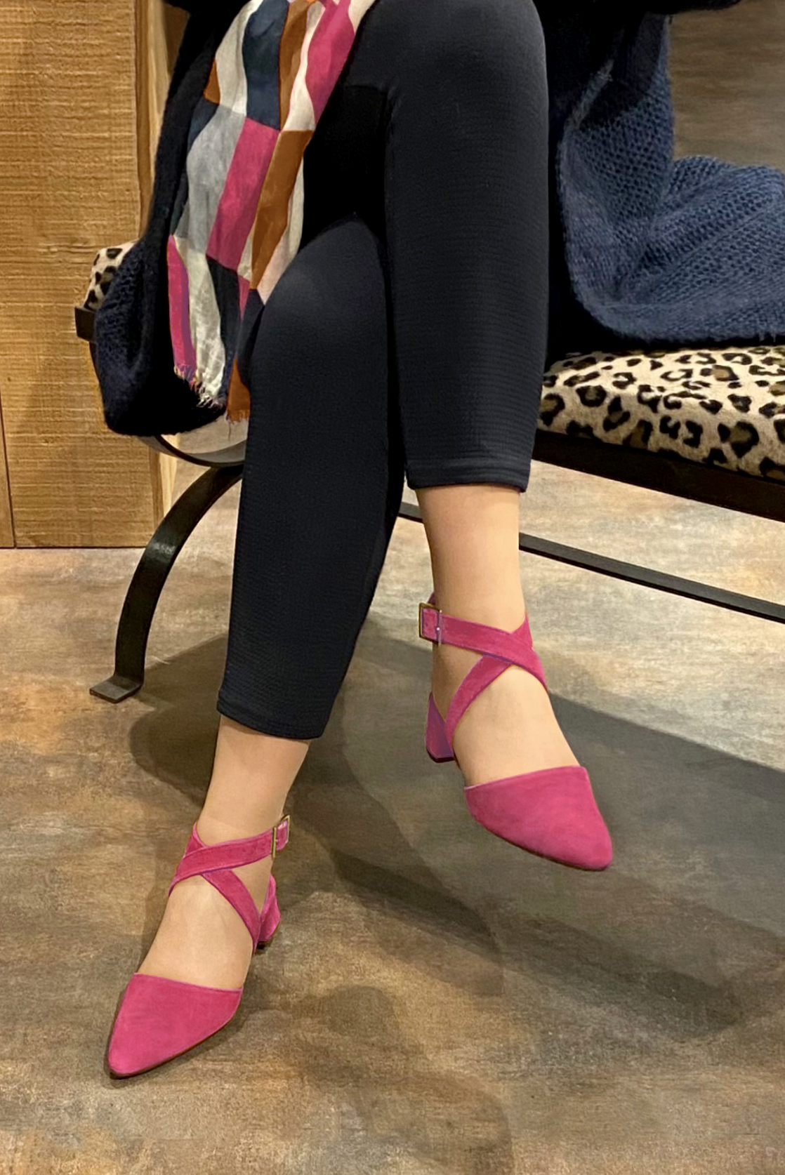Fuschia pink women's open back shoes, with crossed straps. Tapered toe. Low flare heels. Worn view - Florence KOOIJMAN